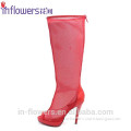 Sexy red color open toe high heel summer wear knee high sandal boots